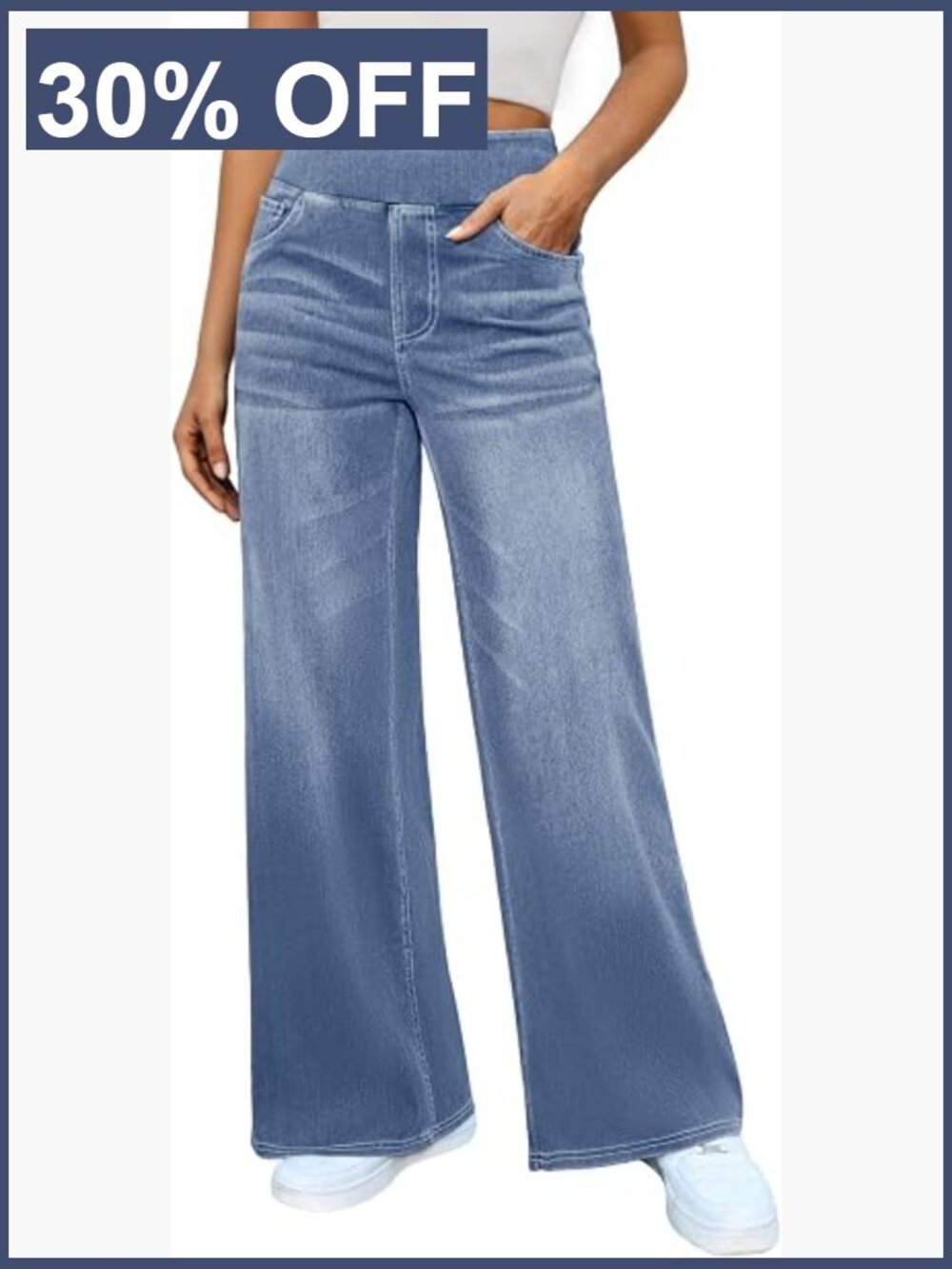 High Waisted Wide Leg Stretchy Denim Jeans Pull On Elastic Waist